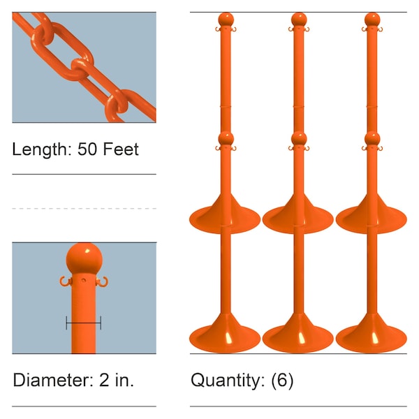 Sfty Org Light Duty Stowable Stanchion Kit and Chain, 6PK